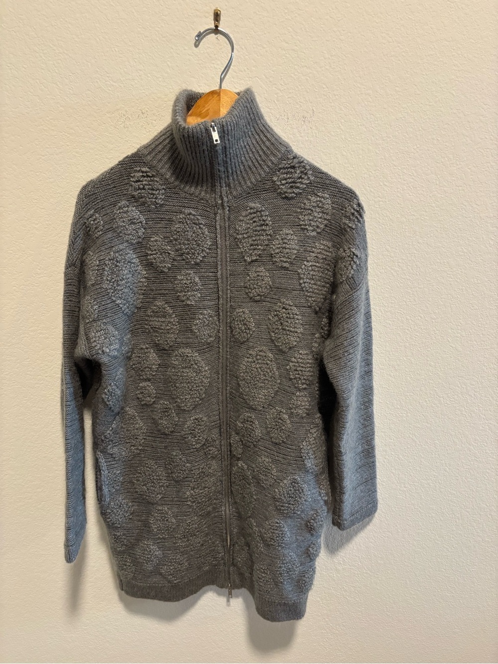 Stefanel Charcoal Gray Textured Zip-Up Knit Sweater Turtleneck